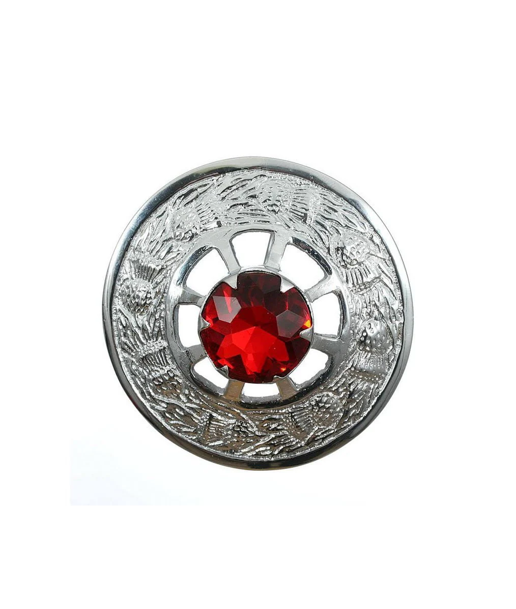 Chrome Finish Thistle Plaid Brooch with Stone - 4 Colours - Image 3