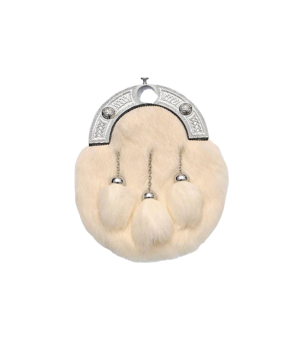 Full Dress Chrome Celtic Knot Sporran - White Rabbit Fur