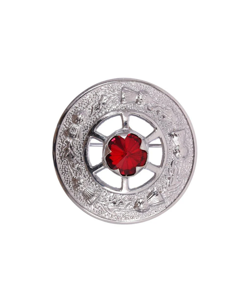 Miniature Chrome Finish Thistle Plaid Brooch with Stone - 4 Colours - Image 4