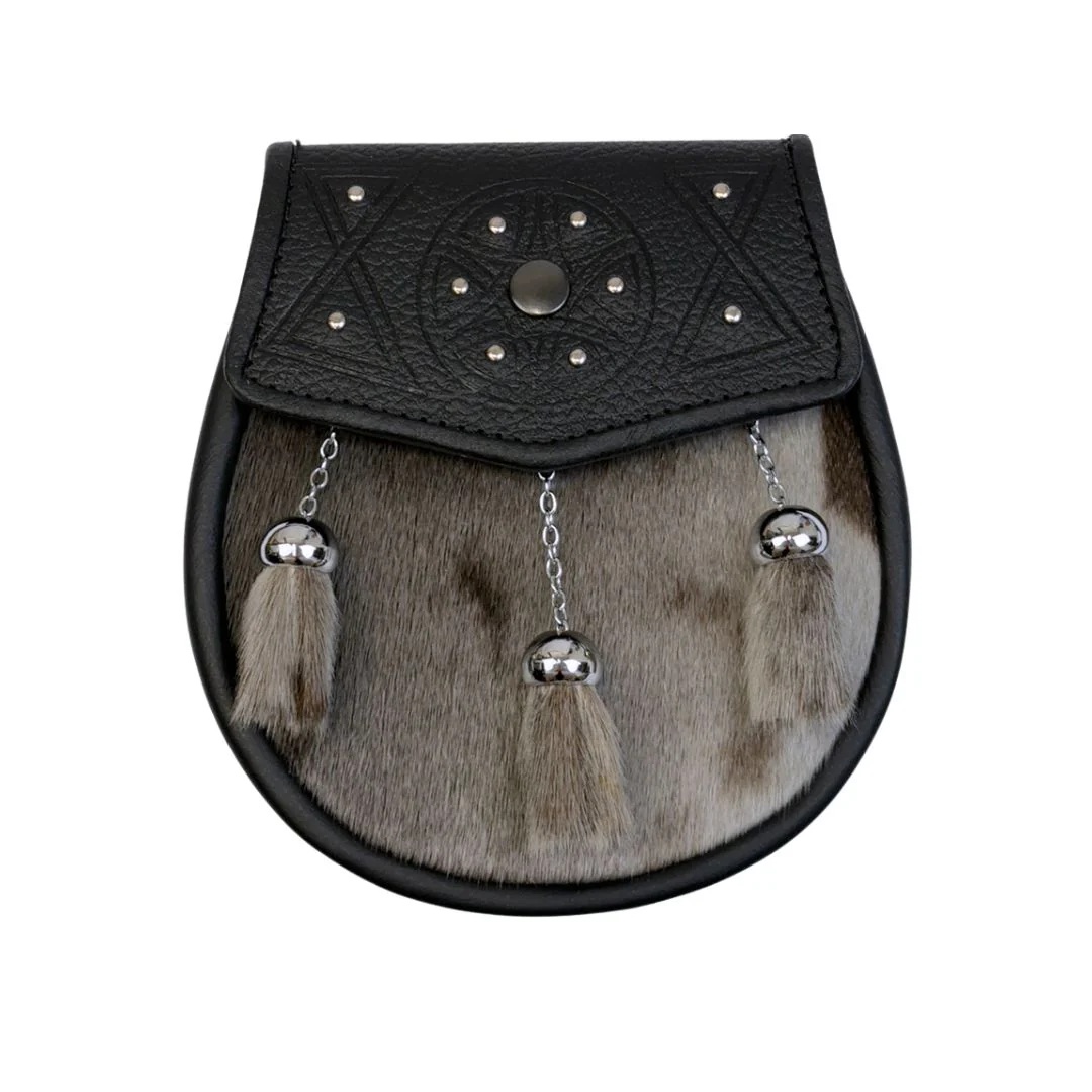 Scottish Made Semi Dress Circular Studded Sporran - Grey Sealskin