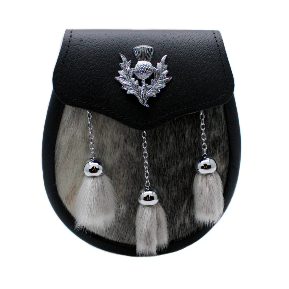 Scottish Made Semi Dress Sporran - Thistle Badge - Grey Sealskin