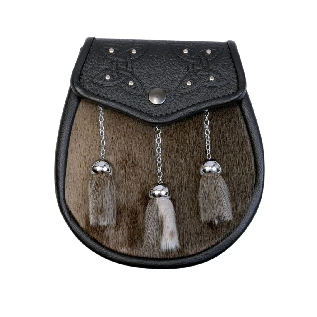 Scottish Made Semi Dress Studded Celtic Embossed Sporran - Grey Sealskin